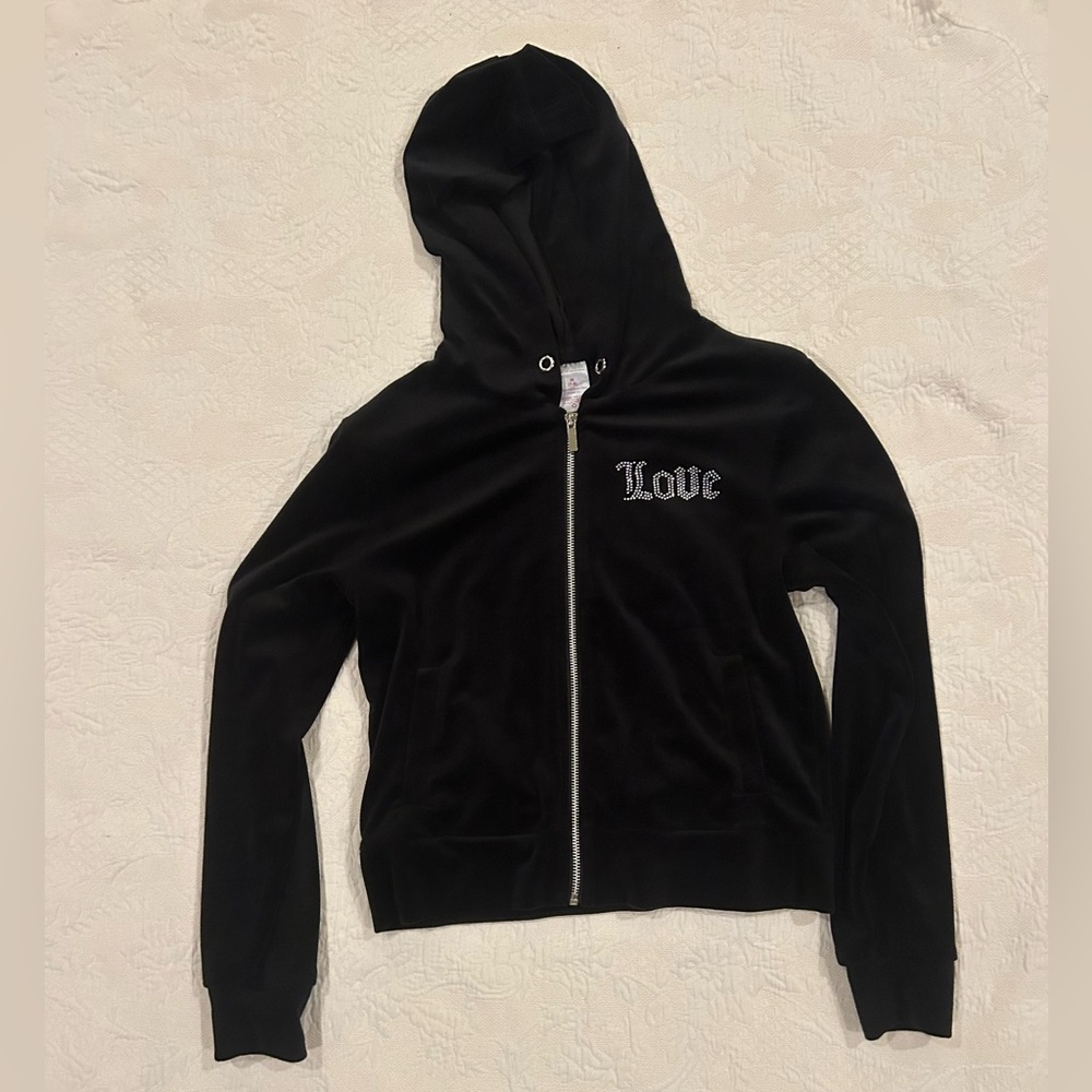 Child Size Y2K Black Velvet Zip-Up Hoodie with 'Love' Rhinstones